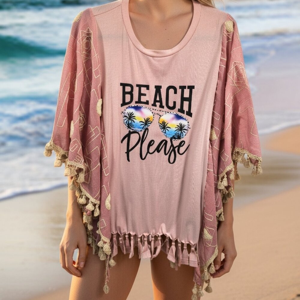Upcycled Pink Graphic T Shirt Poncho Handknotted Beaded Fringe